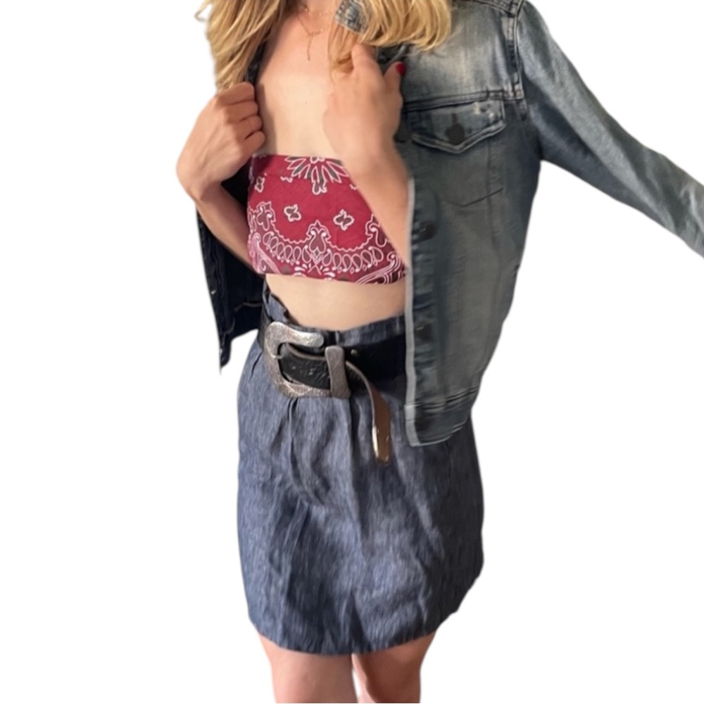 Vintage Y2K Blue Chambray Denim High Waist Mini Skirt Matching Tie Belt Small - Picture 8 of 16